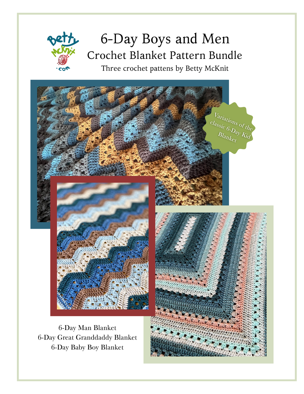 6-Day Boys and Men Blanket Patterrn Bundle - Crochet by Betty McKnit