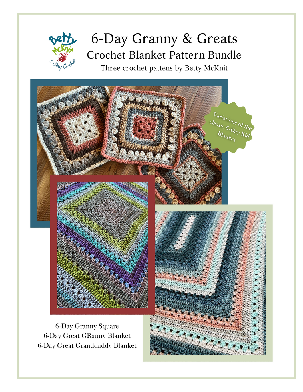 6-Day Granny Square, Great Granny, and Great Granddaddy Blanket Crochet Pattern Bundle by Betty McKnit