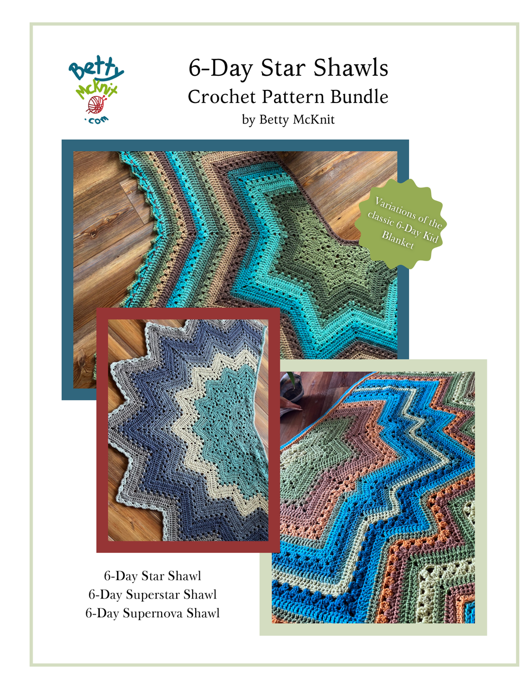 6-Day Star, Superstar, and Supernova Shawl Crochet Pattern Bundle by Betty McKnit